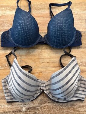 Victoria’s Secret Uplift Semi Demi Bra Bundle Navy Lace & Grey Striped 34B EUC